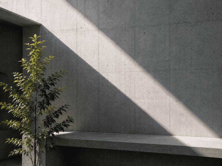 Muro de concreto a la vista iluminado por la luz del sol junto a un árbol joven