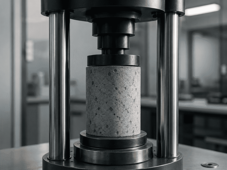 Probeta de concreto sometida a ensayo en una prensa de compresión de laboratorio