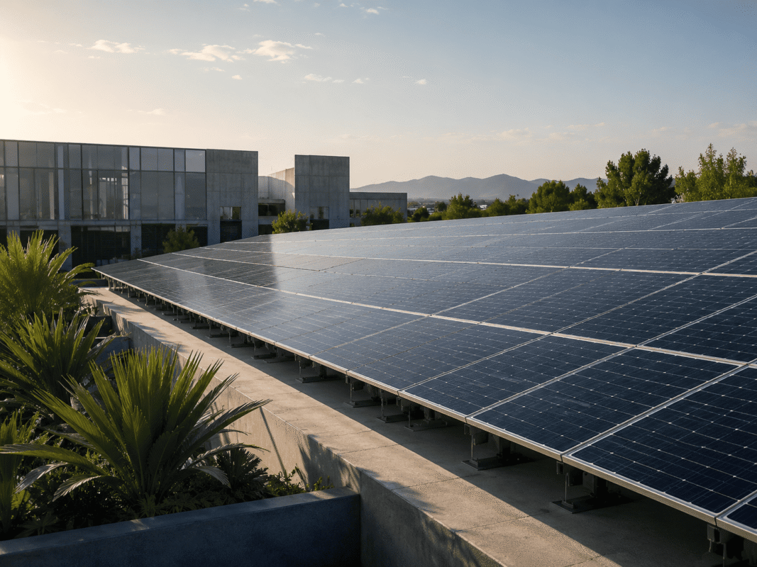 Paneles solares instalados en la cubierta de una edificación al atardecer