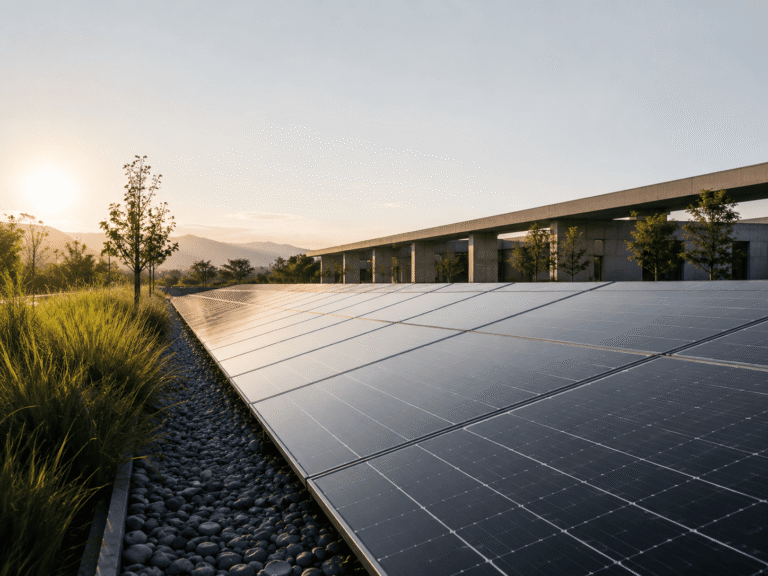 Campo de paneles solares junto a una edificación industrial al amanecer