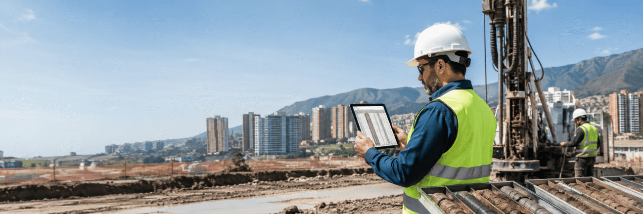 Ingeniero con casco y chaleco reflectivo consultando una tableta junto a un equipo de perforación