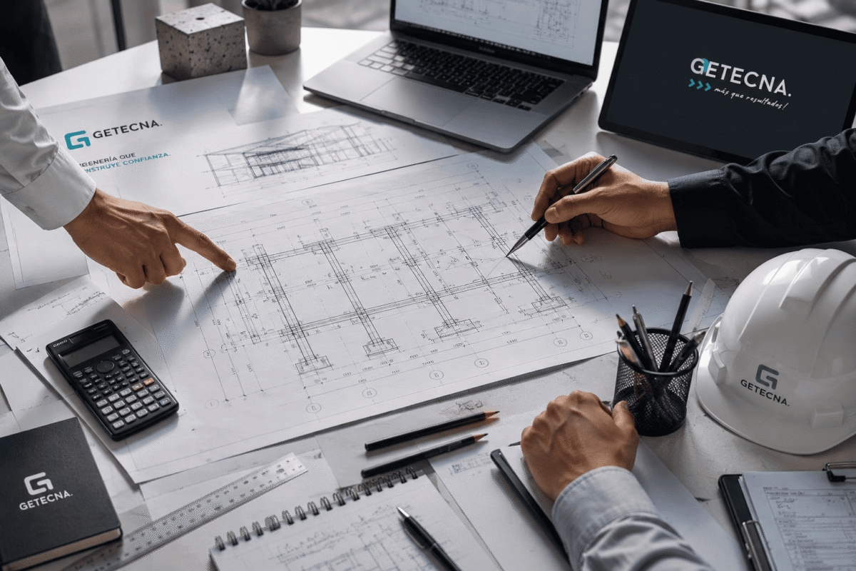 Equipo técnico de Getecna revisando planos estructurales sobre la mesa de trabajo