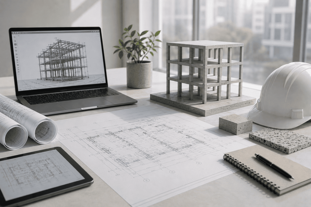 Maqueta de edificio, modelo estructural en portátil y planos sobre la mesa de diseño